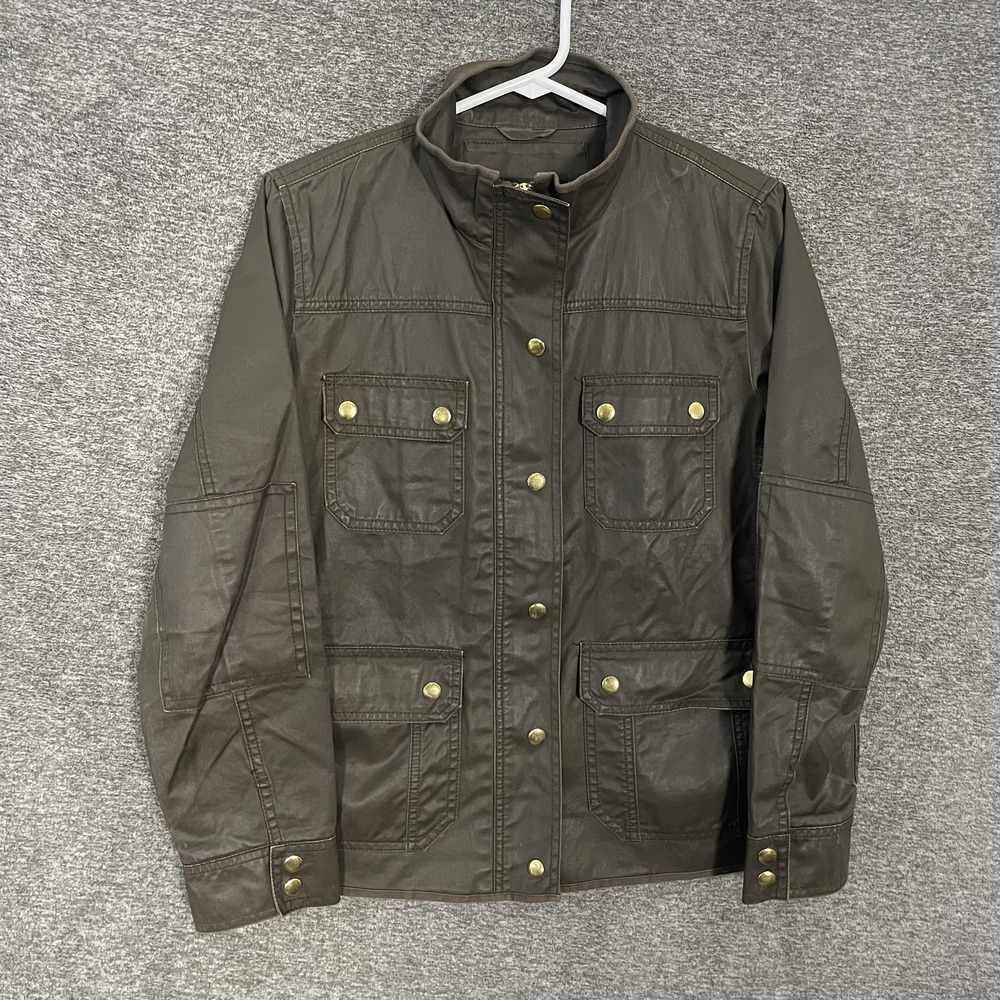 J Crew Jacket Women' Large Green Waxed Canvas Field Military Utility Zip Pockets